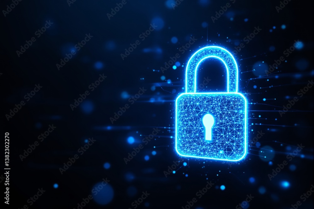 Poster glowing digital padlock with network connections on dark background.