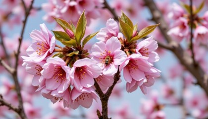 Obraz premium The delicate pink petals of the cherry blossom branch sway gently in the spring breeze, a breathtaking sight that beckons bees to buzz around and collect sweet nectar.