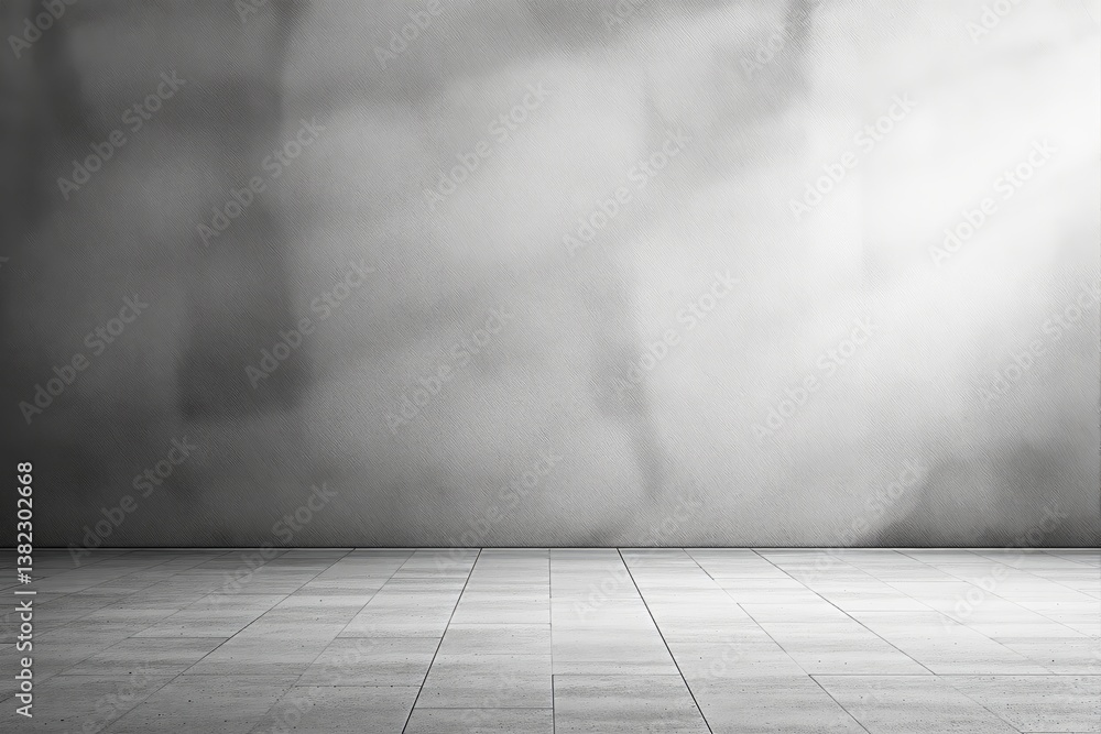 Poster minimalist empty room with textured concrete wall and tiled floor.