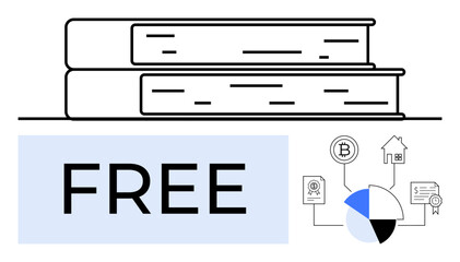 Stack of books, FREE text, and finance icons with pie chart highlight education, learning, and financial literacy. Ideal for education, finance, learning, digital resources research planning