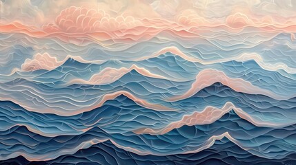 Abstract depiction of ocean waves with soft colors and layered textures.