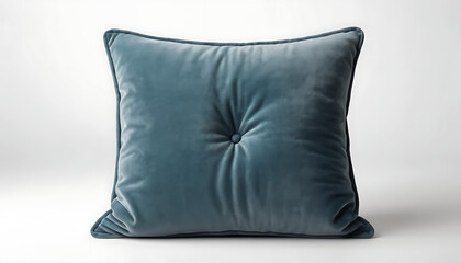 Blue Velvet Pillow Close-up with Button Detail on White Background