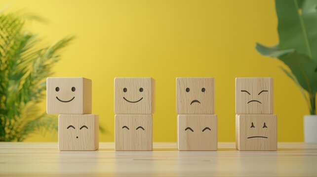 Wooden blocks with facial expressions on a table, representing different emotions against a yellow background.