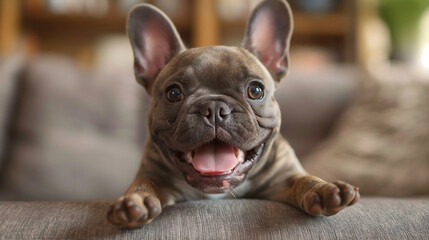An adorable brown French Bulldog puppy with a big smile relaxing on a cozy couch.