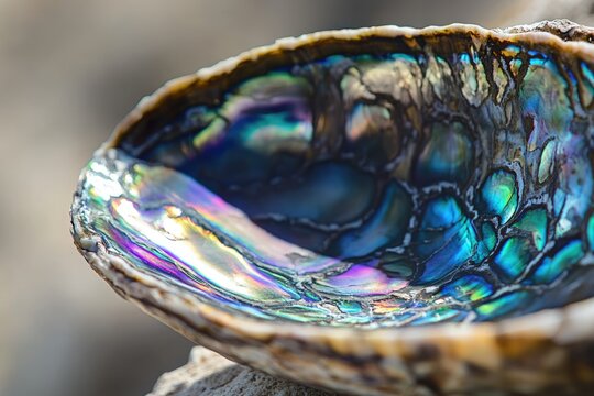 Vibrant iridescent abalone shell, showcasing nature's artistry in mesmerizing colors and textures.