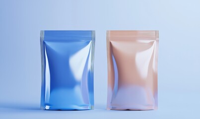 Two Metallic Pouches For Packaging In Blue And Pink Tones On Light Background
