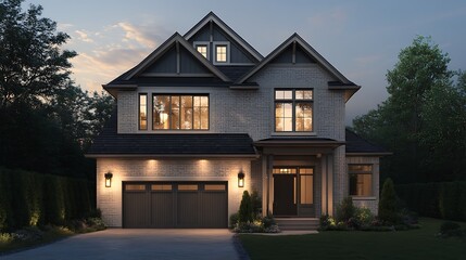Modern Two Story Home with Windows and Garage Door in Focus
