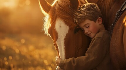 a small boy hugging a horse's neck, deep bond of friendship, ultra-realistic details, warm sunlight.