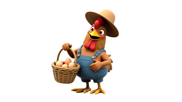 Cartoon Chicken Holding Eggs in Basket Wearing Overalls and Farmer Hat