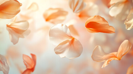Fototapeta premium Delicate tulip blossoms in soft peach and white and orange hues, Soft Abstract close up of peach cream flower petals, Warm floral background soft orange and white gradient blooms Idea for background.