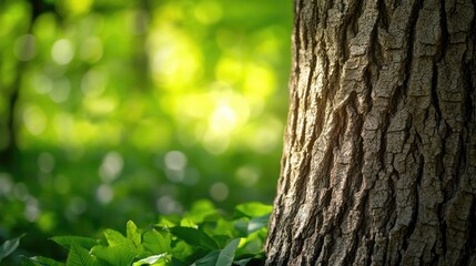 Obraz premium Intricate Bark Texture of Tree Trunk with Sunlit Forest Background