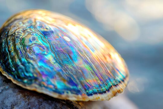 A vibrant abalone shell displays iridescent colors, a mesmerizing natural masterpiece.