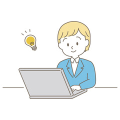 20～40代、スーツ着用女性のビジネスシーン、シンプルかわいい線タイプ（アイデアが浮かぶ・白背景）
