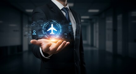 Businessman Holds Holographic Airplane Icon, Representing Modern Aviation Technology