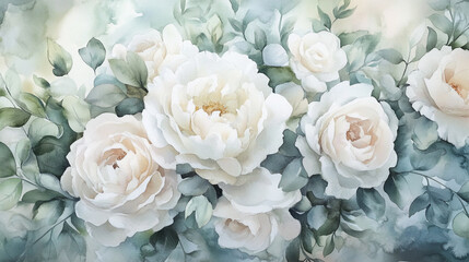Obraz premium Soft lavender and white pastel floral arrangement on white background, dreamy watercolor floral arrangement featuring white peonies and roses, Beautiful vintage floral background for decoration.