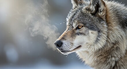 Fototapeta premium Majestic Wolf Exhaling Steam in a Snowy Landscape