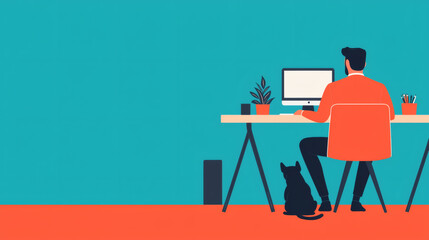 A man works at a desk with a computer, accompanied by a cat, against a bright, colorful background.