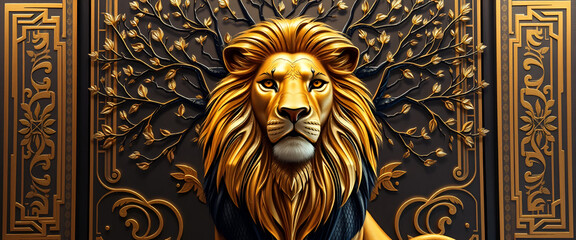Majestic Art Deco Lion with Tree – High-Definition Luxurious Design, No 161