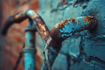Close-up of a rusty, teal-painted bicycle handlebar against a weathered wall.