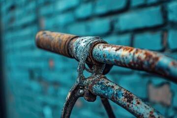 Close-up of a rusty, vintage bicycle handlebar against a teal brick wall, showcasing the effects of time and decay.