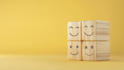 Wooden blocks with smiling faces on yellow background, showcasing positivity and happiness.