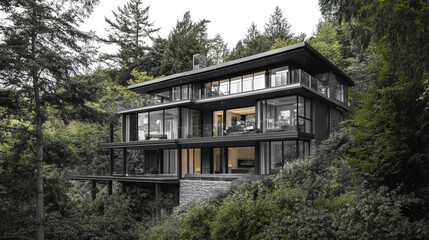 Beautiful modern glass house surrounded by lush greenery, Architectural design perspective construction of a fantasy building, showcasing a creative and imaginative colorful design with details.