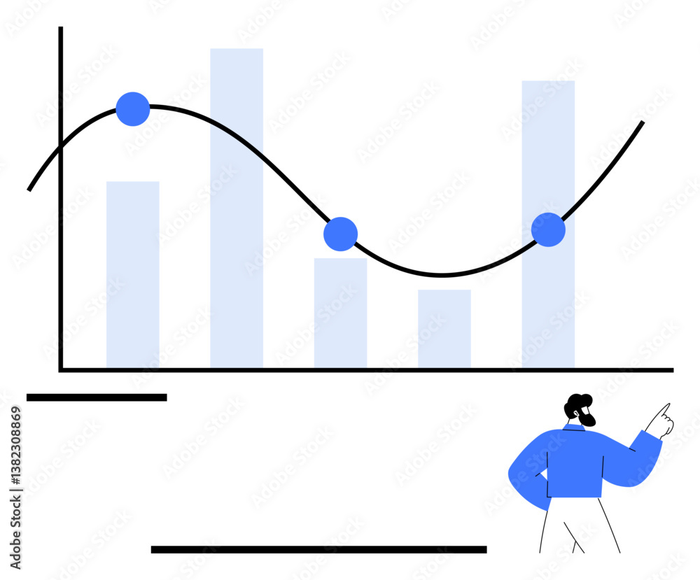 Aufkleber bar chart with overlaying line graph and data points, person pointing at analytics. ideal for resear