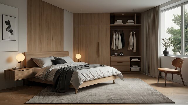  Zenith Woodscape Suite: Integrated Wardrobes & Natural Oak Bed for Minimalist Serene Sanctuary
