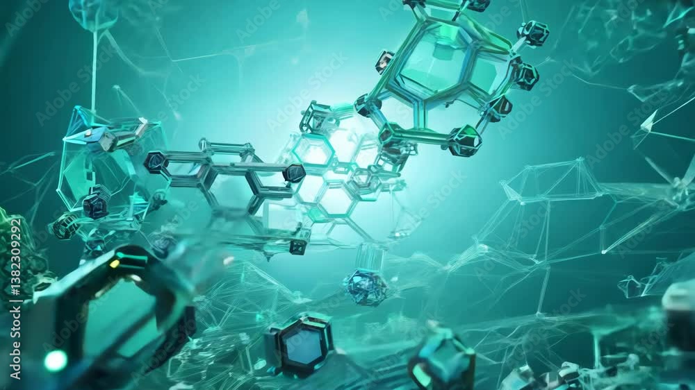 Poster Nanobots assembling microscopic structures in scientific abstract concept. Microlevel ai bots in motion