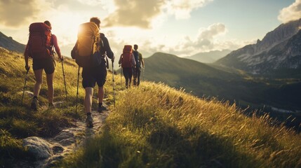 Obraz premium Sunset Hike in the Majestic Alps: A Group of Adventurous Hikers Embark on a Scenic Trail