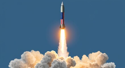American Flag Rocket Launching with Powerful Flames and Vector Smoke Illustration