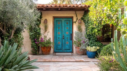 Fototapeta premium Mediterranean-style home entrance with a bold turquoise door and climbing plants