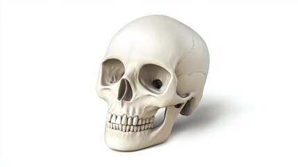 Obraz premium Detailed view of a realistic human skull placed on a plain surface highlighting its anatomical features and structure in a studio setting, isolated on white background
