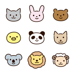 動物たちの顔アイコン素材セット-線とカラー