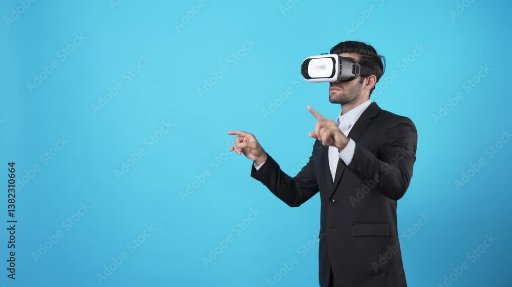 Poster professional businessman pointing hand and checking financial data while wearing vr glasses. smart p