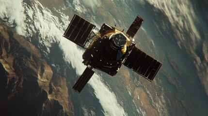 Military surveillance satellite scanning Earth surface with high-tech sensors