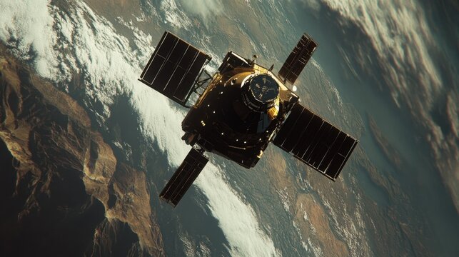 Military surveillance satellite scanning Earth surface with high-tech sensors
