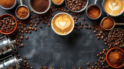 A cozy coffee scene with various coffee types and beans arranged artistically.