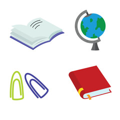 Open Book, Globe, Paper Clips, and Closed Book Vector Illustration for Education