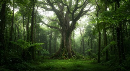 Majestic Ancient Forest with Lush Green Ferns and Moss, Sun Rays Shining Through Tall Trees - Tranquil Nature