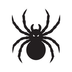 A black silhouette of a spider with sharp, curved legs and a round body. The spider has a slightly menacing look, with small horn-like shapes on its head. The background is plain white, creating a hi
