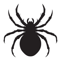 A black silhouette of a spider with sharp, curved legs and a round body. The spider has a slightly menacing look, with small horn-like shapes on its head. The background is plain white, creating a hi