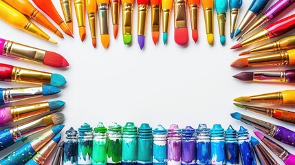 Fototapeta premium A vibrant arrangement of paintbrushes and paint tubes on a white background for artistic use.
