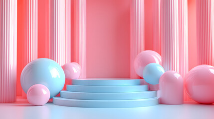 Soft Pastel Columns with Blue and Pink Spheres