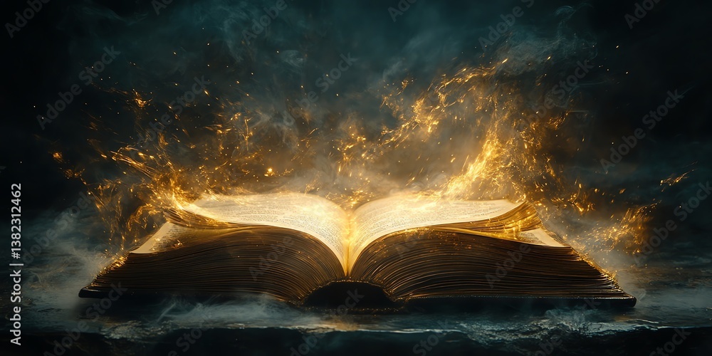 Poster an open ancient book emits golden fire and sparks in a dark setting creating a mystical atmosphere p
