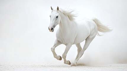 Obraz premium A white horse running on a completely white background. 