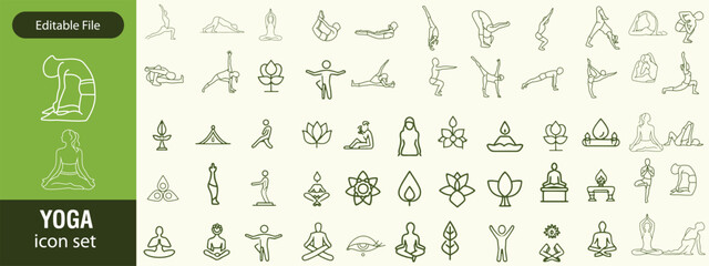 Relax icon set. Containing meditation, calm, relaxation, yoga, spa, self-care, massage, peace, nature, serenity and more. Solid vector icons collection.