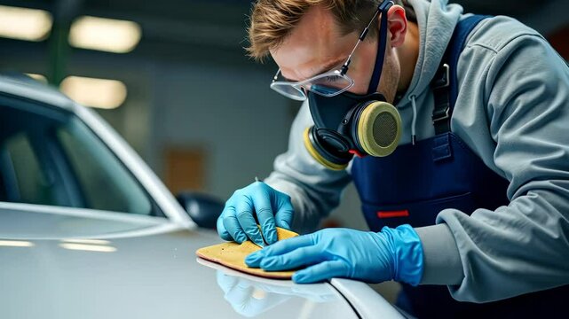 Auto repair technician sanding car body surface wearing safety gear in workshop