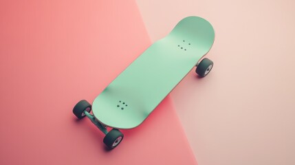 Minimalist shot of a trendy skateboard with a soft pink and mint green deck, lying on a simple neutral backdrop.