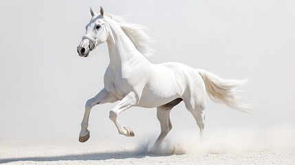 A white horse running on a completely white background. 